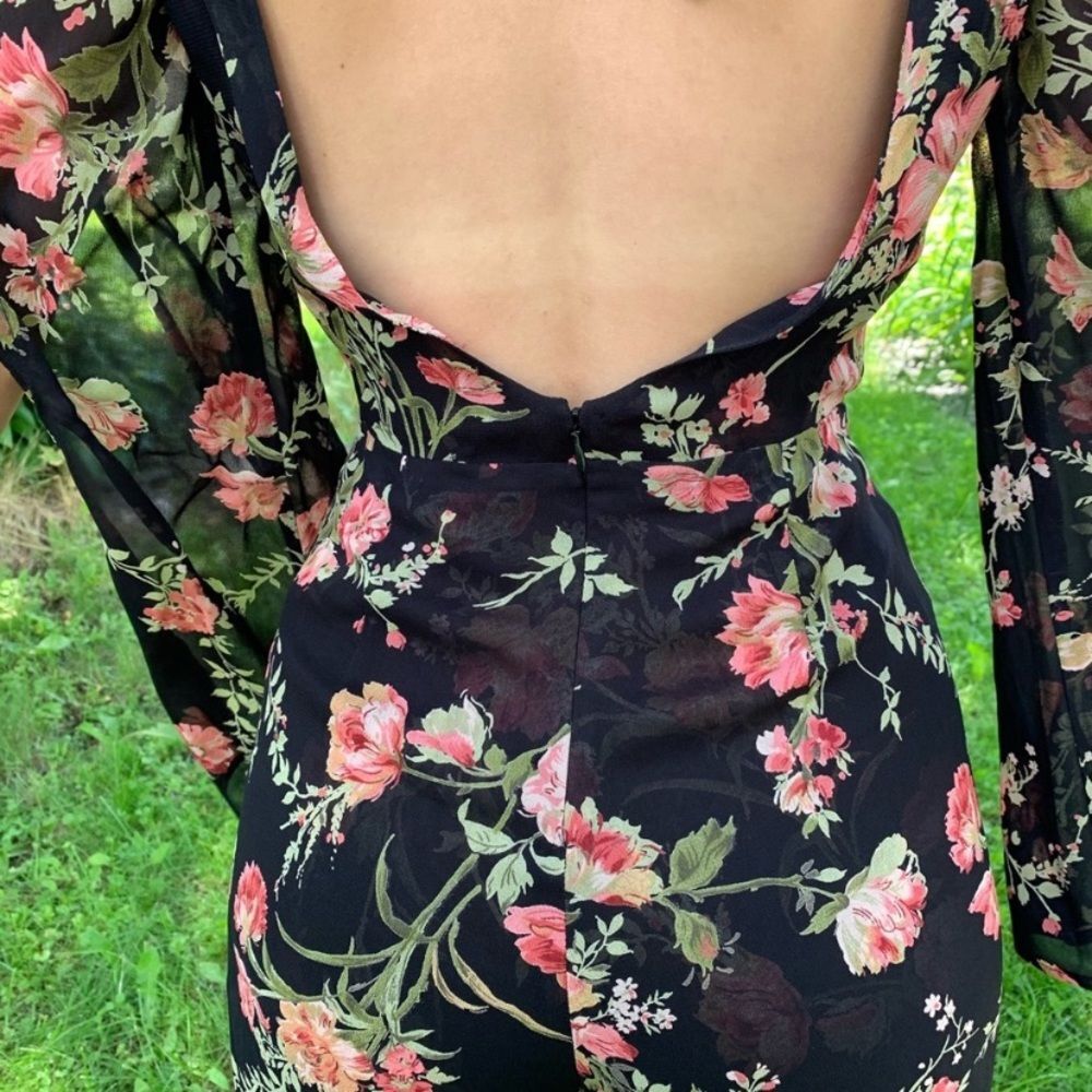 Reformation Black Floral Open Back Jumpsuit, Boatneck,Slit Sleeves,made in USA,0 - Picture 11 of 11